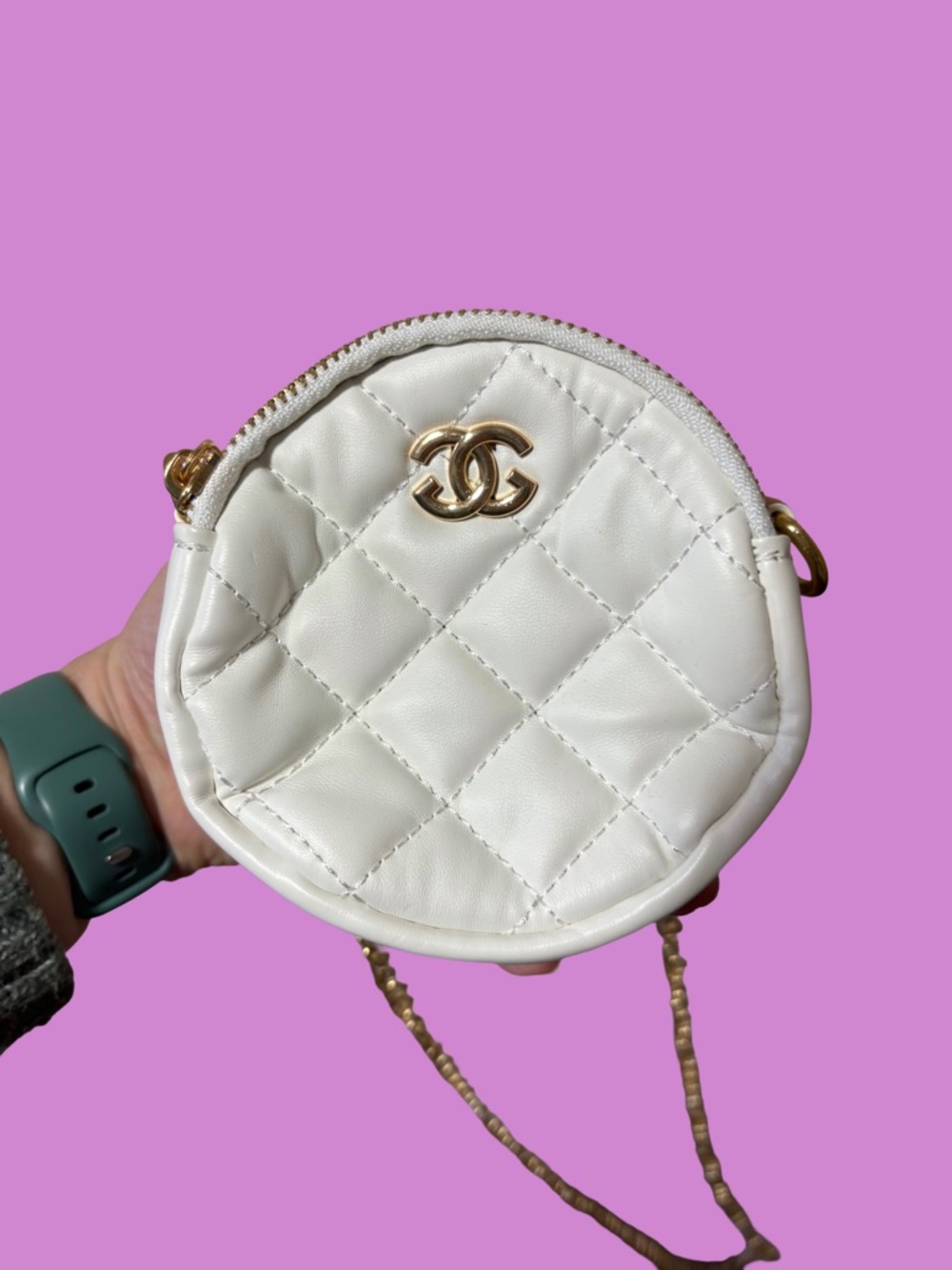 White Quilted Round Crossbody Bag with Gold Hardware